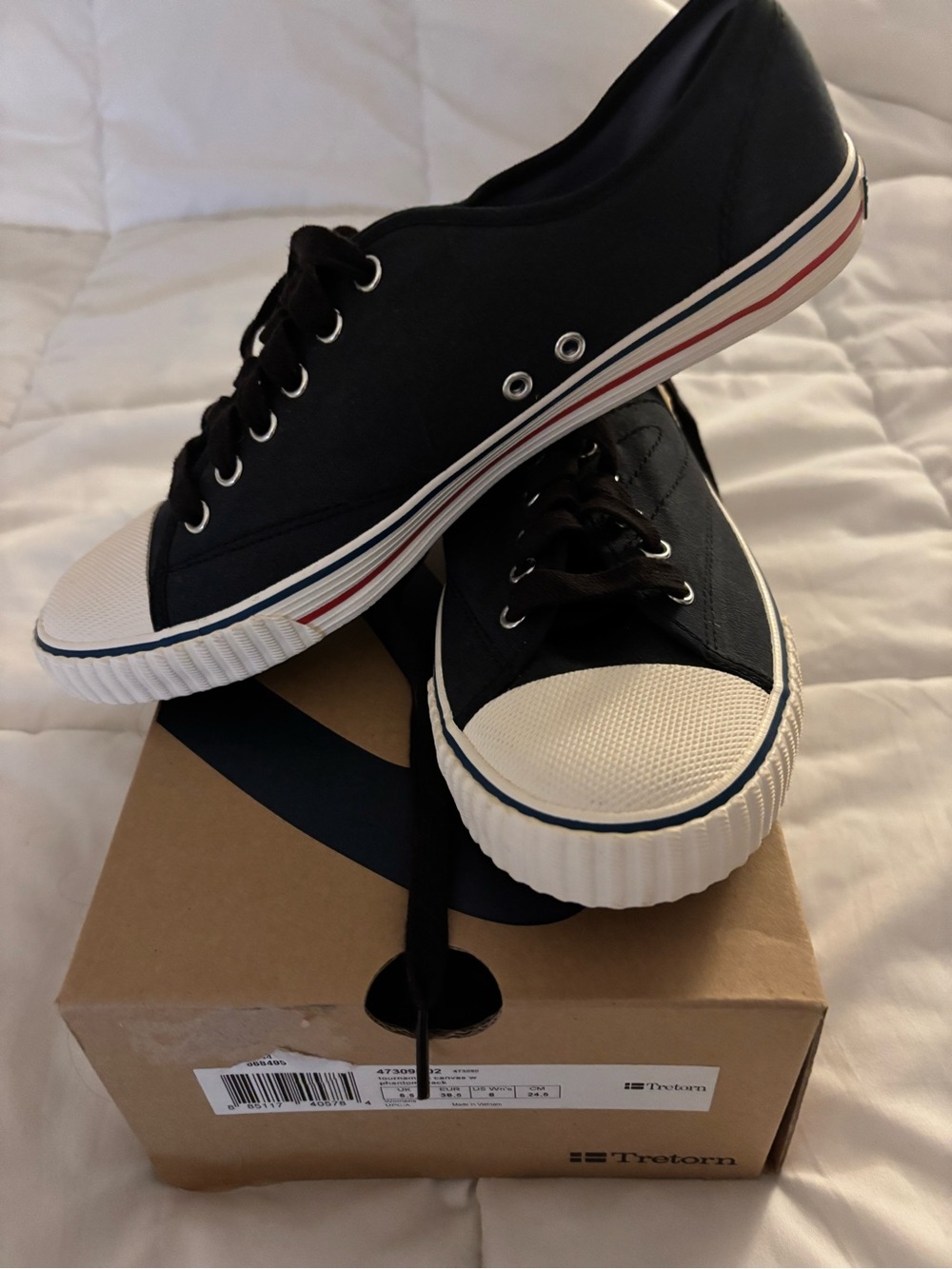 Tretorn Black Canvas Low-Top Sneakers with Red and Navy Stripe